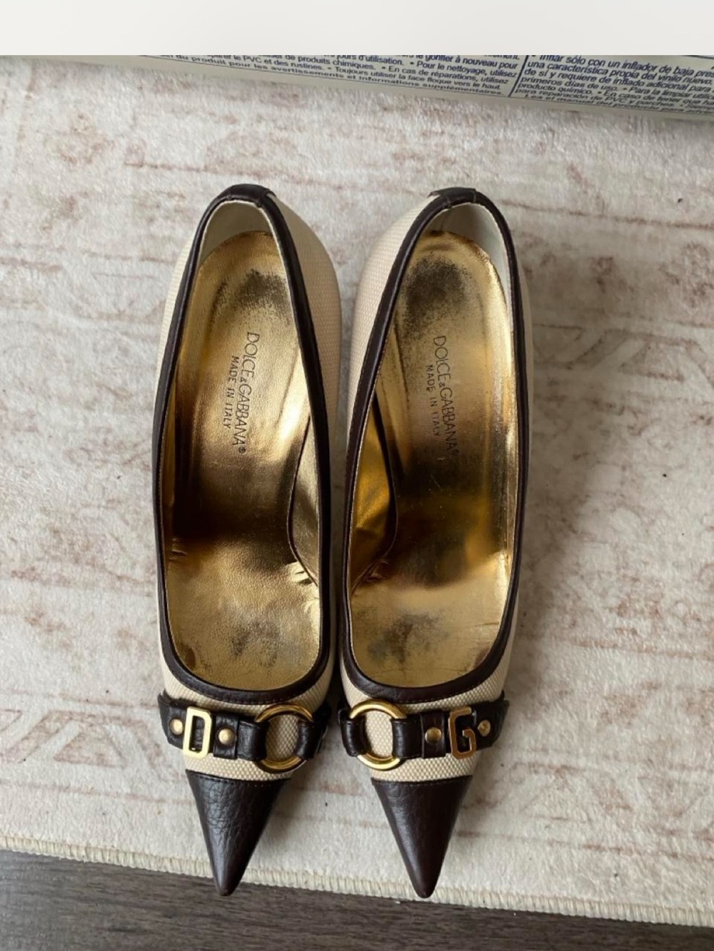 Dolce & Gabbana  Cream and Dark Brown Pointed Toe Pumps with Gold Buckle